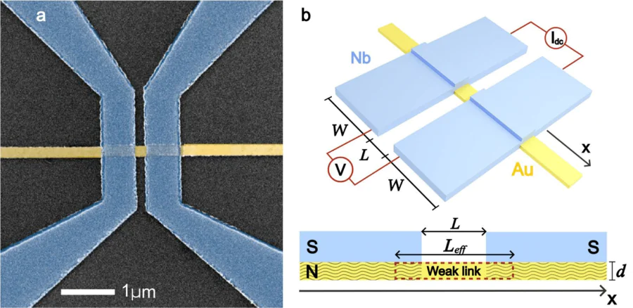 a – Scanning electron microscope image of an Nb/Au-Au-Au/Nb bridge with superconducting Nb electrodes and an Au weak link. b – Top part: three-dimensional sketch of the Josephson superconductor/normal metal/superconductor (SN-N-NS) bridge. The sample is connected using a four-point scheme. Bottom part: side view of the Josephson SN-N-NS bridge. Wavy lines indicate the proximized region of the N-layer under the S-electrode, and the red frame indicates the effective weak link.