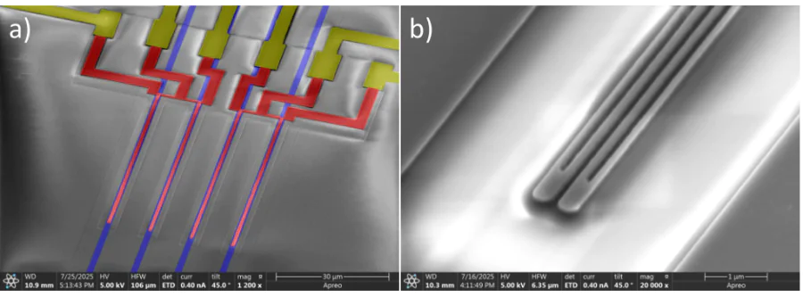  a - (SEM) image of the fabricated chip with indicated optical waveguides (blue), detectors (red), and contacts (yellow); b - SEM images of the magnified section of the integrated detector.