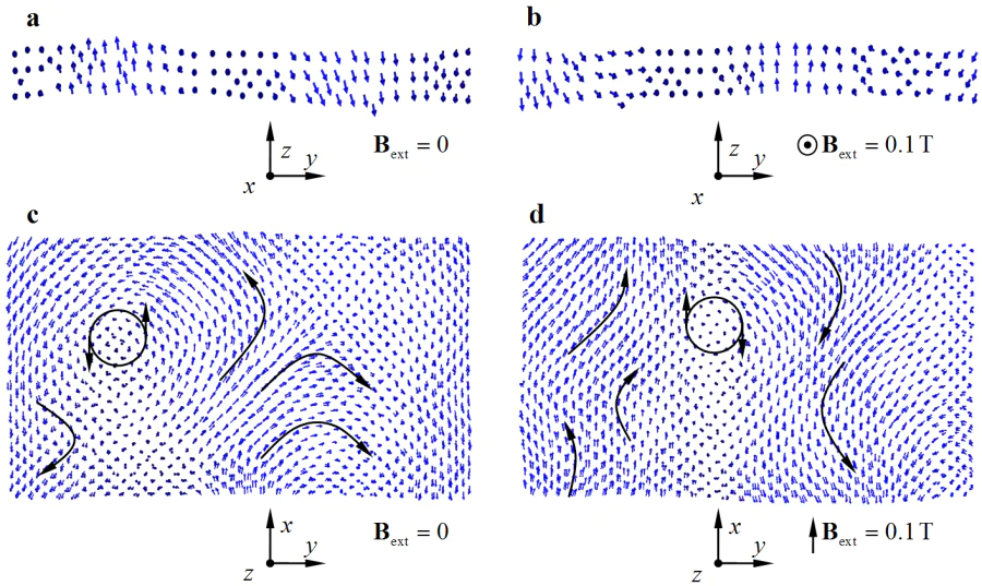 Direction of crystalline iron spin vectors for the time instant of 10 ps in the absence of an external magnetic field (panels a and c) and in the presence of an external magnetic field oriented along the nanofilm surface (panels b and d).