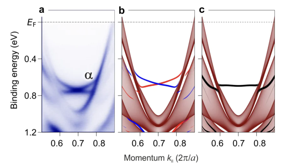 Insight into the surface state located near the \( \bar{\rm M} \) point, as revealed by ARPES data (a) taken along the \( \bar{\rm M} \)–\( \bar{\Gamma} \)–\( \bar{\rm M} \) direction for the CeIn-terminated surface of CeIrIn\( _5 \), and by full-relativistic DFT calculations (b), where red and blue denote positive and negative values of the spin expectation \( \langle S_y \rangle \), respectively. Scalar-relativistic DFT results are shown in (c) for comparison[130].