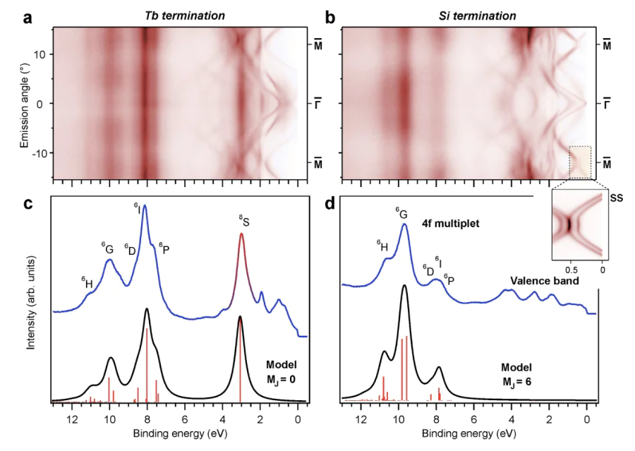 Evaluation of Tb 4\( f \) moments orientation from ARPES. Band map patterns taken along the \( \bar{\rm M}-\bar{\Gamma}-\bar{\rm M} \) direction for (a) Tb- and (b) Si-terminated surfaces of TbRh\( _2 \)Si\( _2 \) in the AFM phase at \( T=21 \) K. The inset shows surface states taken at \( T=8 \) K.(c,d) Angle-integrated photoemission spectra obtained from the data in panels (a,b) by integrating over an angular range of \( \pm5^\circ \) around the \( \bar{\Gamma} \) point (blue curves), compared with calculated 4\( f \) multiplet spectra for single-\( M_J \) ground states \( |0\rangle \) and \( |6\rangle \) (black curves)[131].